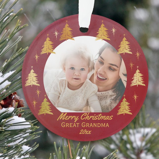 Adorno Gran Abuela Navidad foto roja y dorada (Photo ornament to wish Great Grandma a merry christmas)