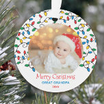 Adorno Gran foto de los Navidades del abuelo<br><div class="desc">Foto personalizado adorno de Navidad con coloridas luces Navidades y redacción editable. La plantilla de fotos está configurada para que añadas una de tus imágenes favoritas, que será enmarcada con bombillas de cadena en verde y amarillo azul rojo. La redacción actual dice Feliz Navidad Gran Abuelo 20xx y puedes editarlo...</div>