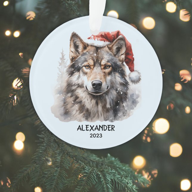 Adorno Gray Wolf Santa Hat Navidades personalizados (Add Name & Year to Personalize, or add other text.  Delete sample text if not required.)