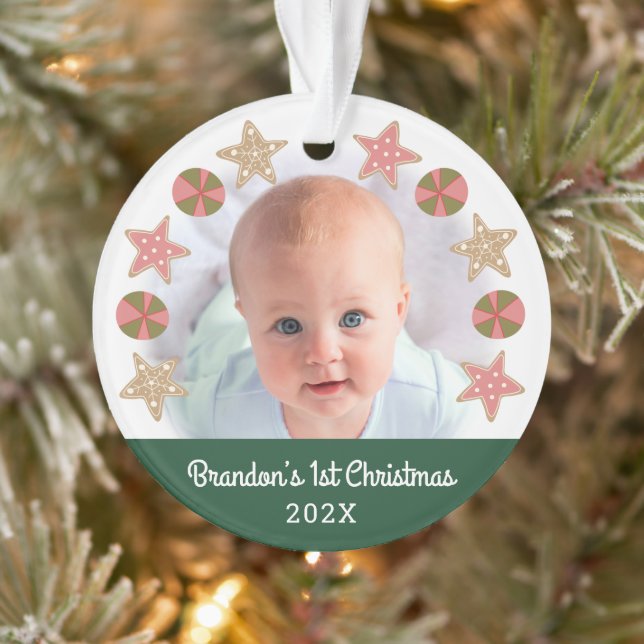 Adorno Green First Christmas Baby Photo Gingbread Boy (Árbol)