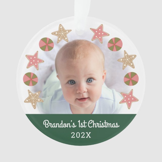 Adorno Green First Christmas Baby Photo Gingbread Boy (Anverso)