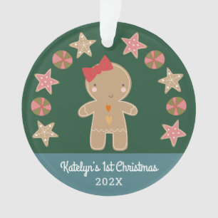 Adorno Green Gingerbread Chica Baby Photo First Christmas