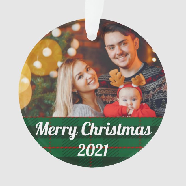 Adorno Green Plaid Family Christmas Photo With Text (Anverso)
