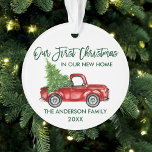 Adorno Guión de broche verde primer camión nuevo de Navid<br><div class="desc">Guión de pincel moderno Nuestra primera Navidad en nuestro nuevo ornamento residencial incluye Watercolor Vintage Camión Rojo con Árbol de Navidad - Guión verde forestal</div>