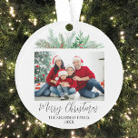 Adorno Guión moderno Fotos de la familia de navidad de Fe<br><div class="desc">Regale un adorno navideño personalizado esta temporada, en lugar de una tarjeta tradicional, con su propia foto familiar, foto boda o foto mascota para crear un conservador significativo. Este adorno presenta "Feliz Navidad" en un guión elegante, junto con el nombre de tu familia y el año. La exuberante vegetación, con...</div>