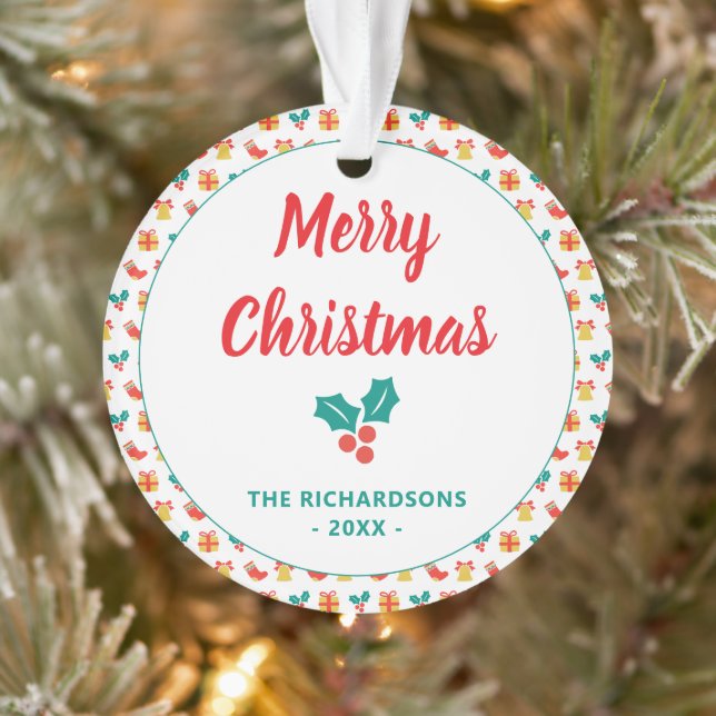Adorno Holly Bell Stocking Pattern Merry Christmas Name (Árbol)