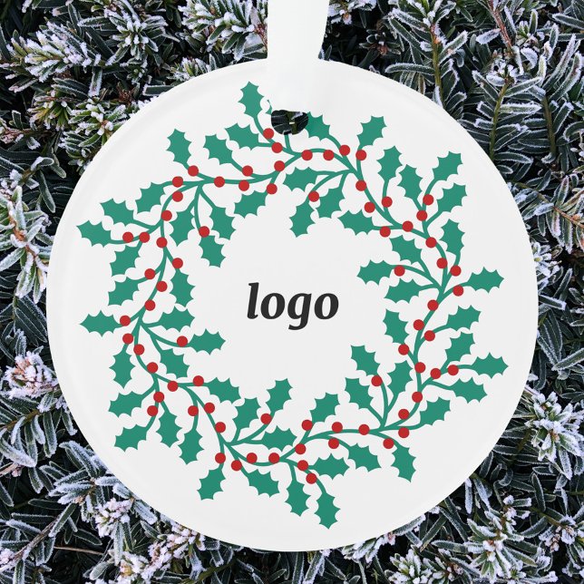 Adorno Holly Wreath Logo Business (Logo wreath business promotional holiday ornament)