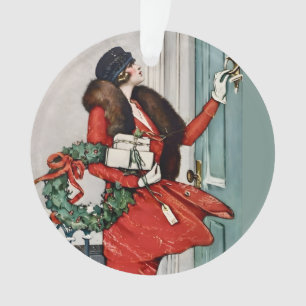 Adorno Ilustración Vintage de Navidad en la Puerta de Ent