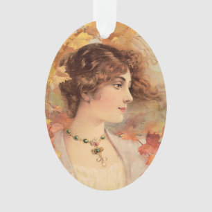 Adorno Impresión de Mujer de Otoño Art Nouveau con Follaj