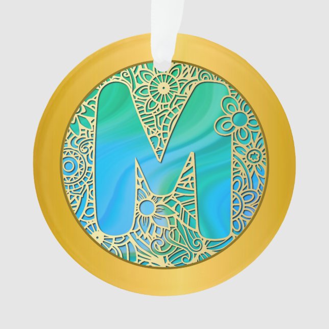 Adorno  Initial Monogram M Christmas - Gold, Teal & Blue (Anverso)