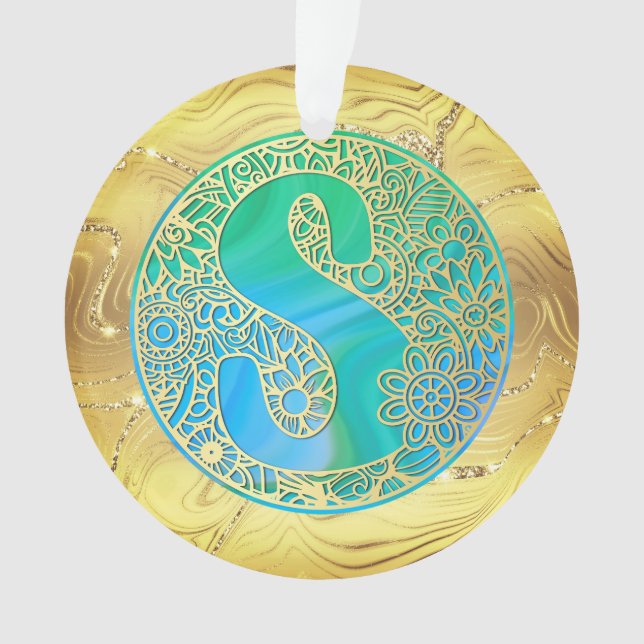 Adorno  Initial Monogram S Christmas - Gold, Teal & Blue (Anverso)