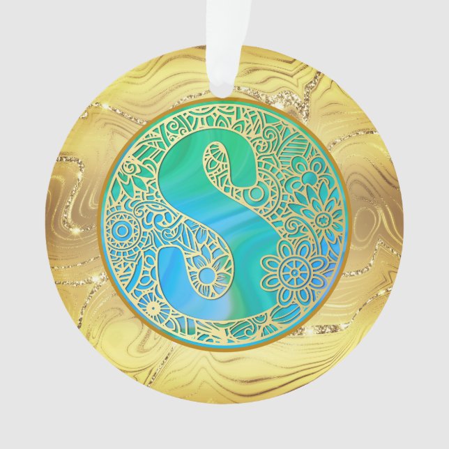Adorno  Initial Monogram S Christmas - Gold, Teal & Blue (Anverso)
