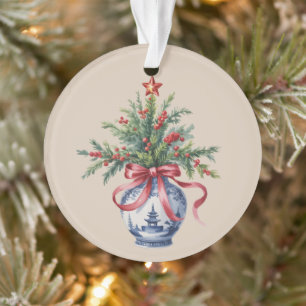 Adorno Jarrón vintage con lazo rojo de árbol de Navidad C