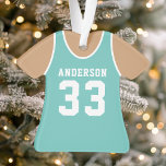 Adorno Jersey de baloncesto Verde azulado personalizado<br><div class="desc">Celebra tu estrella de baloncesto con este adorno verde azulado personalizado de la jersey de baloncesto. Perfecto para conmemorar una temporada especial,  jugador o equipo. Personalizar con un nombre y un número para crear un keepsake único.</div>