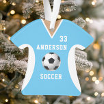 Adorno Jersey de fútbol azul personalizado<br><div class="desc">Celebra tu estrella de fútbol con este adorno personalizado de jersey de fútbol azul. Perfecto para conmemorar una temporada especial,  jugador o equipo. Personalizar con un nombre y un número para crear un keepsake único.</div>