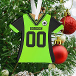 Adorno Jersey de fútbol negro/verde personalizado<br><div class="desc">Personalice este divertido ornamento de camiseta de fútbol negro y verde cambiando el nombre y el número. El regalo perfecto para cualquier hincha de fútbol o jugador de fútbol.</div>