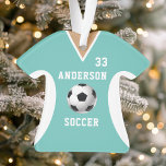 Adorno Jersey de fútbol Verde azulado personalizado<br><div class="desc">Celebra tu estrella de fútbol con este adorno verde azulado personalizado de jersey de fútbol. Perfecto para conmemorar una temporada especial,  jugador o equipo. Personalizar con un nombre y un número para crear un keepsake único.</div>