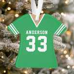 Adorno Jersey de Fútbol Verde Personalizado<br><div class="desc">Celebra tu estrella de fútbol con este adorno personalizado de camiseta verde de fútbol. Perfecto para conmemorar una temporada especial,  jugador o equipo. Personalizar con un nombre y un número para crear un keepsake único.</div>