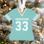 Adorno Jersey Verde azulado personalizado<br><div class="desc">Celebra tu estrella de fútbol con este adorno verde azulado personalizado de camiseta de fútbol. Perfecto para conmemorar una temporada especial,  jugador o equipo. Personalizar con un nombre y un número para crear un keepsake único.</div>
