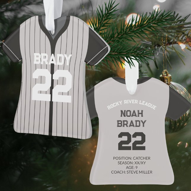 Adorno Jugador de Jersey de béisbol anuncia Keepsake gris (Personalized Baseball Player Stats Keepsake Christmas Tree Ornament Team Gift)