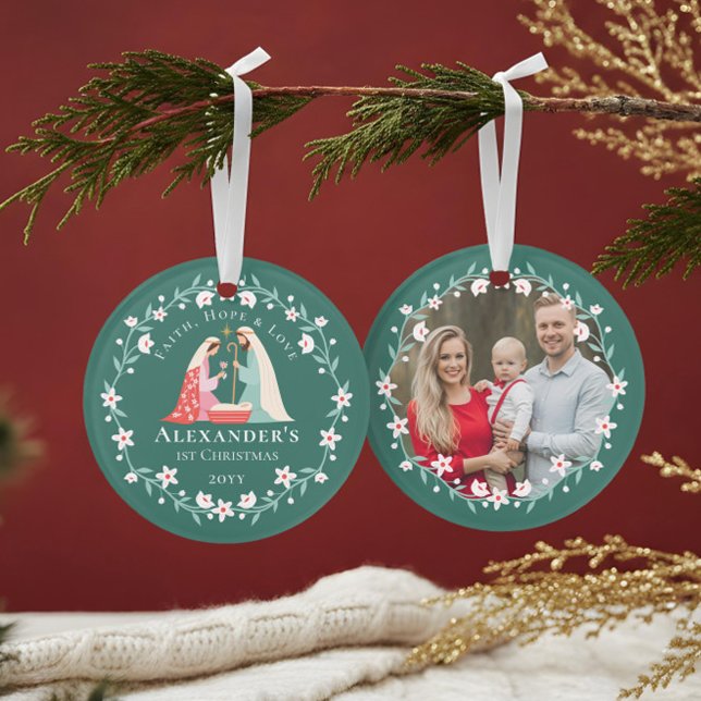 Adorno La primera foto de la patria religiosa navideña de (Baby's First Christmas Religious Nativity Photo Ornament)