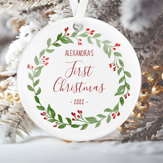 Adorno La primera foto de Navidad del bebé fue texto rojo (Subido por el creador)