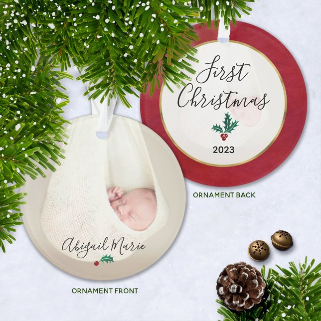 Adorno La primera foto de Navidad del bebé, Green & Red H (Keepsake Baby's First Christmas Ornament with Year and Baby's Name)