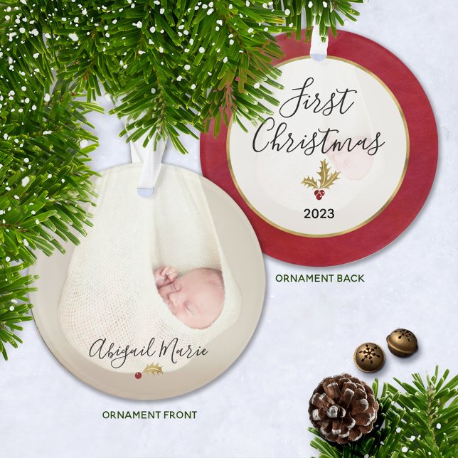Adorno La primera foto navideña del bebé, Red & Gold Holl (Keepsake Baby's First Christmas Photo Ornament with Baby's Name and Year )