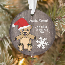 Adorno La primera madera navideña Teddy Bear Santa Hat