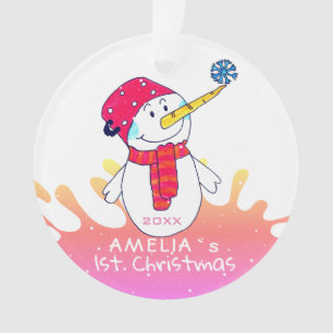 Adorno La primera Navidad de un bebé rosado cue Snowman