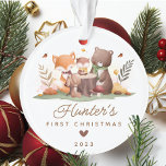 Adorno La primera Navidad del bebé de Woodland Photo<br><div class="desc">El primer ornamento navideño de este lindo bebé tiene animales de bosque, incluyendo un zorro, conejo conejo, búho y oso. El adorno puede ser fácilmente personalizado con el nombre, fecha y foto del bebé. El diseño es sencillo y caprichoso, con animales de bosque dispuestos alrededor de un tronco de árboles....</div>