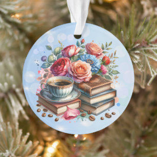 Adorno Libros Florales Vintage y Café de Navidad