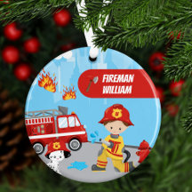Little Boy Cartoon Fireman with Name Christmas