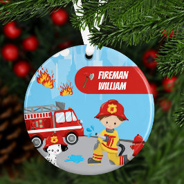 Adorno Little Boy Cartoon Fireman with Name Christmas
