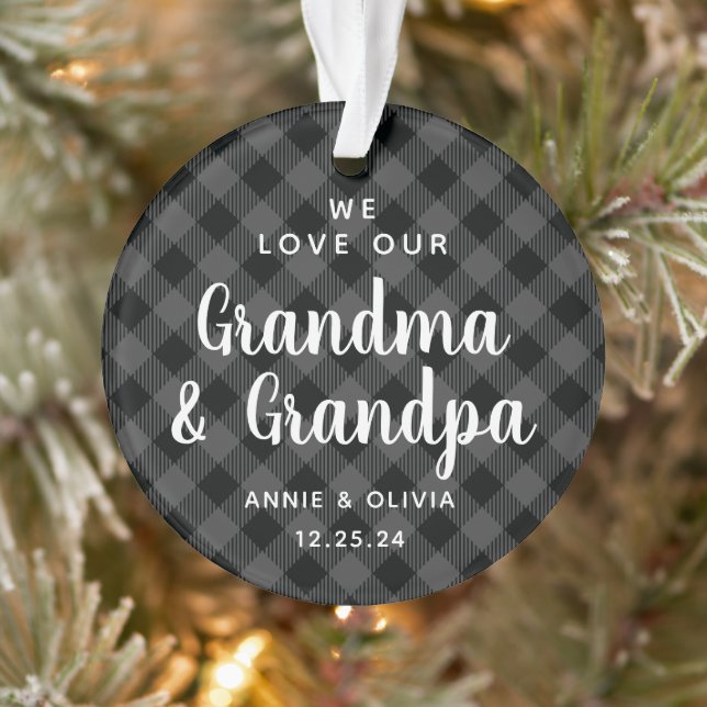 Adorno Los abuelos Gray Plaid Holiday Photo Doble cara (Árbol)