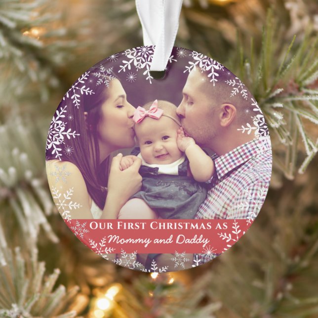 Adorno Mamá papá Primera Nochebuena Snowflakes Foto Roja (Árbol)