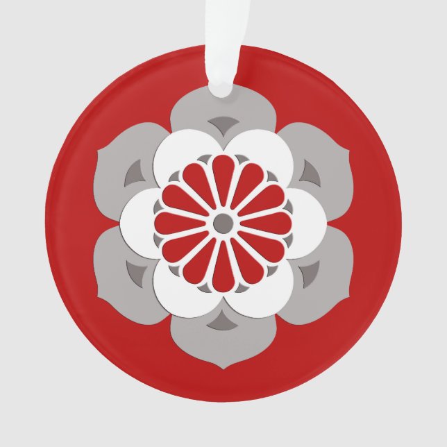 Adorno Mandala de flores Lotus, rojo oscuro, gris y blanc (Anverso)