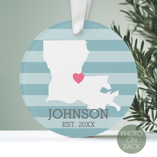 Adorno Mapa del estado del hogar de Luisiana - Ciudad de  (Personalized Photo Ornament with a State Design on the Front and Photo on the Back)