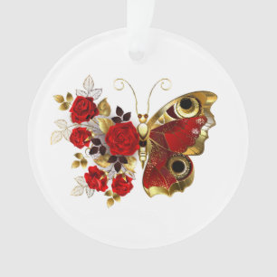 Adorno Mariposa de flor roja con rosas rojas