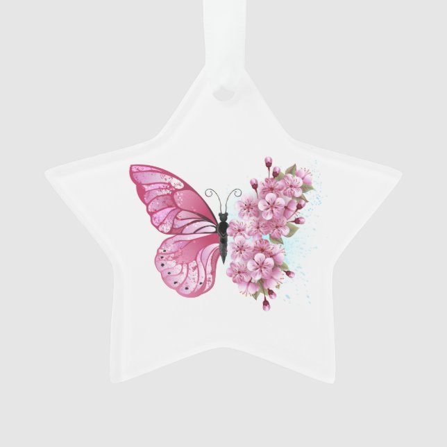 Adorno Mariposa de flores con Sakura rosa (Anverso)