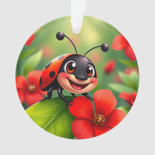 Adorno Mariquita de dibujos animados sonriente sentada en
