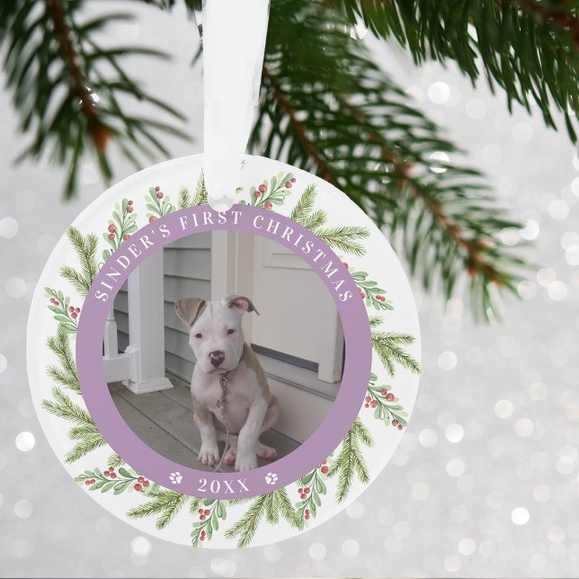 Adorno Mascota Perro Cachorro Primera Navidad 2 Fotos Veg (Pet Puppy Dog First Christmas 2 Photos Greenery Ornament)