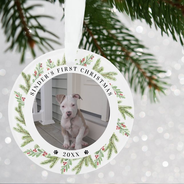 Adorno Mascota Perro Cachorro Primera Navidad 2 Fotos Veg (Pet Puppy Dog First Christmas 2 Photos Greenery Ornament)