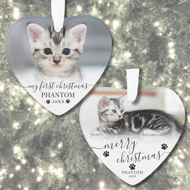 Adorno Mascota Primer guión de Navidad Corazón de la foto (Pet First Christmas Script Cat Photo Heart Ornament )