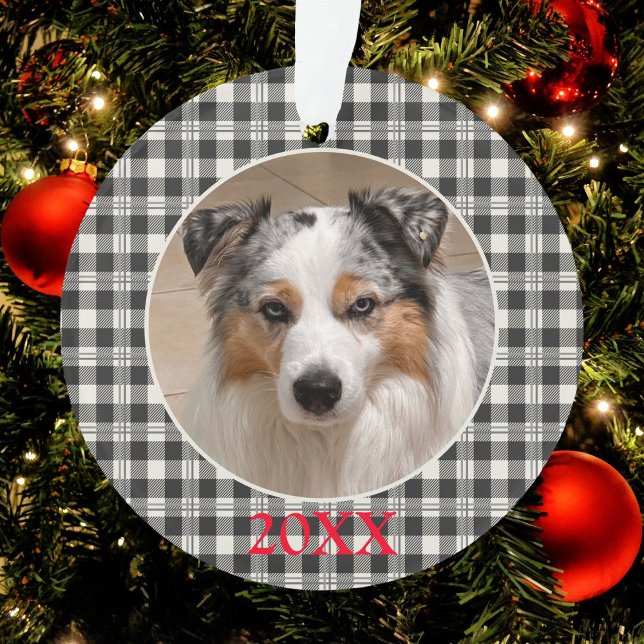 Adorno Mascota sensorial Foto Tapado Búfalo Gris oscuro (Buffalo Plaid Dark Gray and Buttercream Ornament)