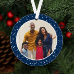 Adorno Merry and Bright Modern Navy Stars Family Photo<br><div class="desc">Simple and modern photo Christmas ornament design features a round picture framed by a pattern of twinkle lights and stars. The back of the ornament includes "Merry and Bright" in elegant script text with custom text for the year. The festive and rich navy / midnight blue colored background can be...</div>