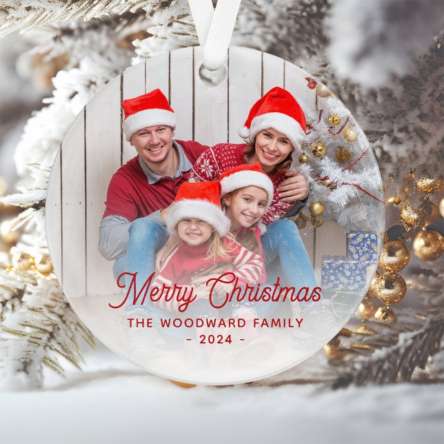 Adorno Merry Christmas Family Photo Red Script (Subido por el creador)