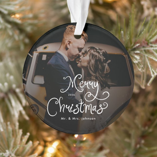 Adorno Merry Christmas Whimsical Script  Custom Photo  (Árbol)