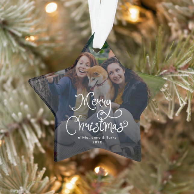 Adorno Merry Christmas Whimsical Script Family Photo Dog (Árbol)