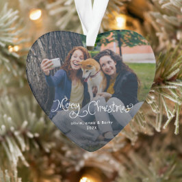 Adorno Merry Christmas Whimsical Script Family Photo Dog